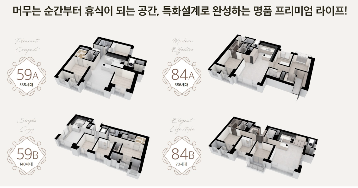 남성역 해머튼 평면도 — 59A(338세대) · 59B(140세대) · 84A(386세대) · 84B(70세대)